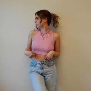Pink Ribbed Crop Tank Top